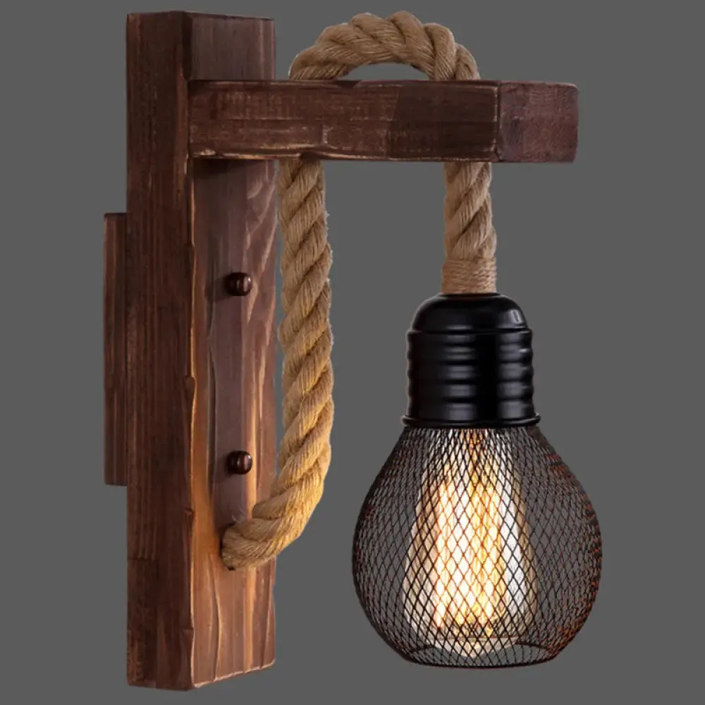 L-Shaped Wooden Lantern Wall Light with Rope Arm - Perfect Farmhouse Bedroom Lighting