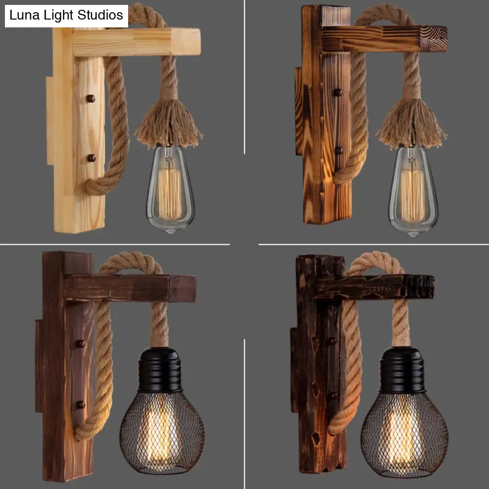 L-Shaped Wooden Lantern Wall Light with Rope Arm - Perfect Farmhouse Bedroom Lighting