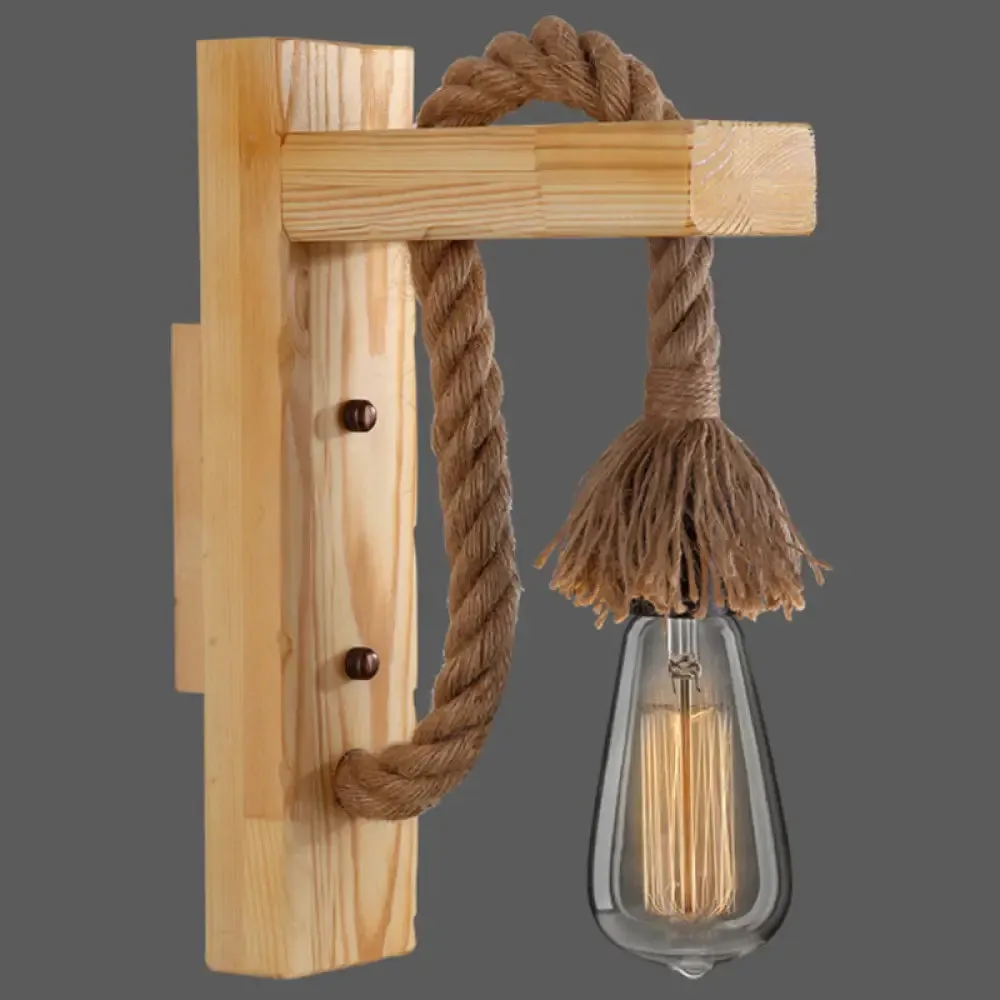 L-Shaped Wooden Lantern Wall Light with Rope Arm - Perfect Farmhouse Bedroom Lighting