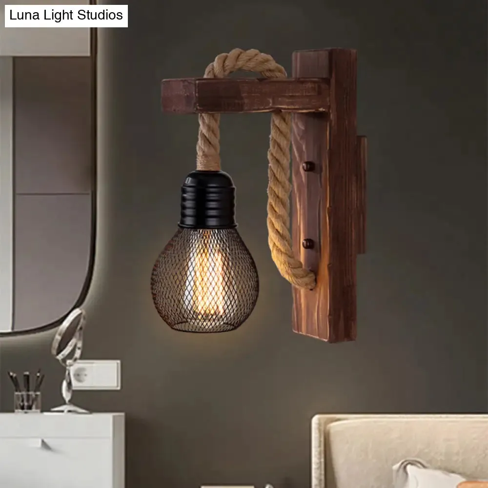 L-Shaped Wooden Lantern Wall Light with Rope Arm - Perfect Farmhouse Bedroom Lighting