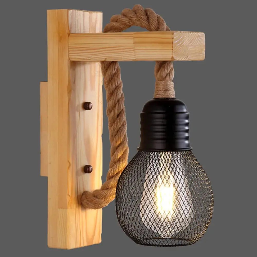 L-Shaped Wooden Lantern Wall Light with Rope Arm - Perfect Farmhouse Bedroom Lighting