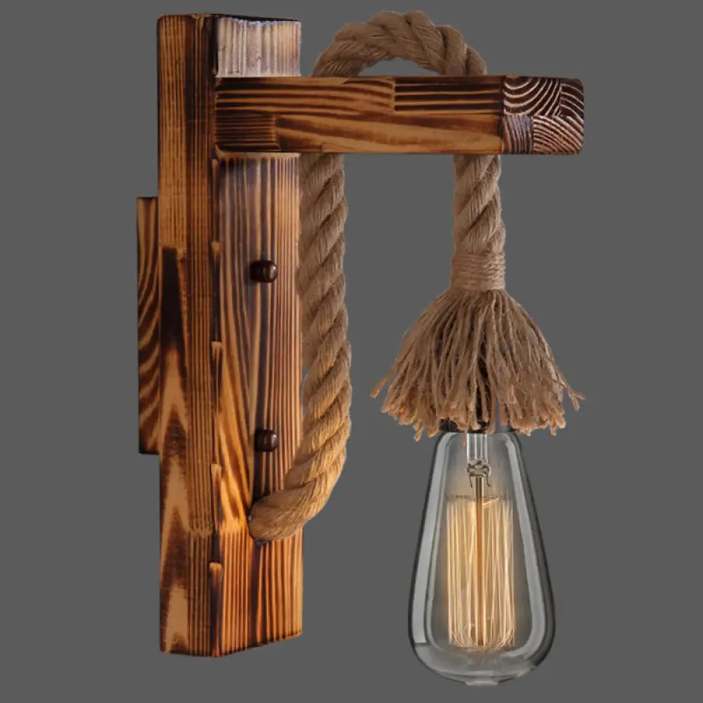 L-Shaped Wooden Lantern Wall Light with Rope Arm - Perfect Farmhouse Bedroom Lighting