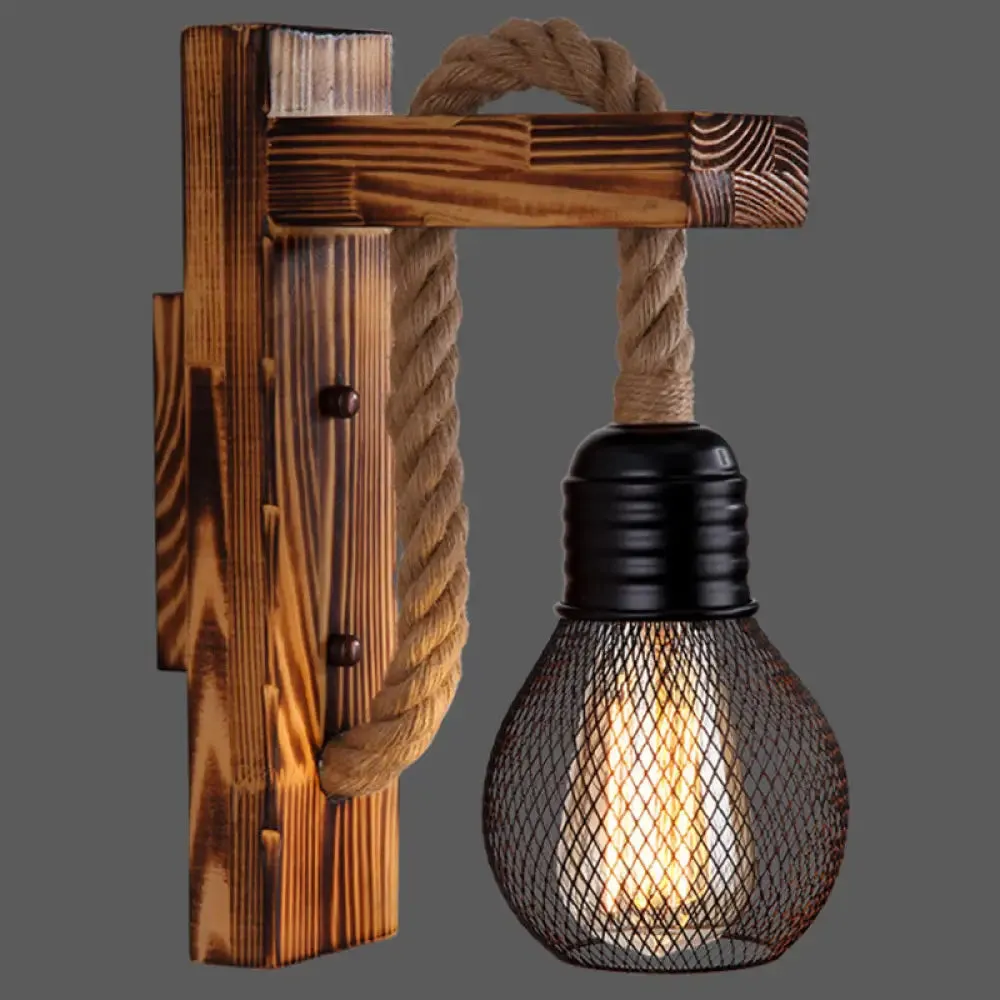 L-Shaped Wooden Lantern Wall Light with Rope Arm - Perfect Farmhouse Bedroom Lighting