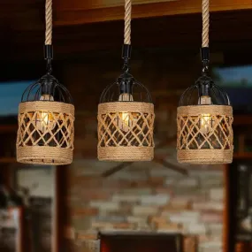 Lodge Birdcage Pendant Light Kit – Criss-Cross Woven Rope, Brown – 3/6 Heads Cluster – Round/Linear Canopy