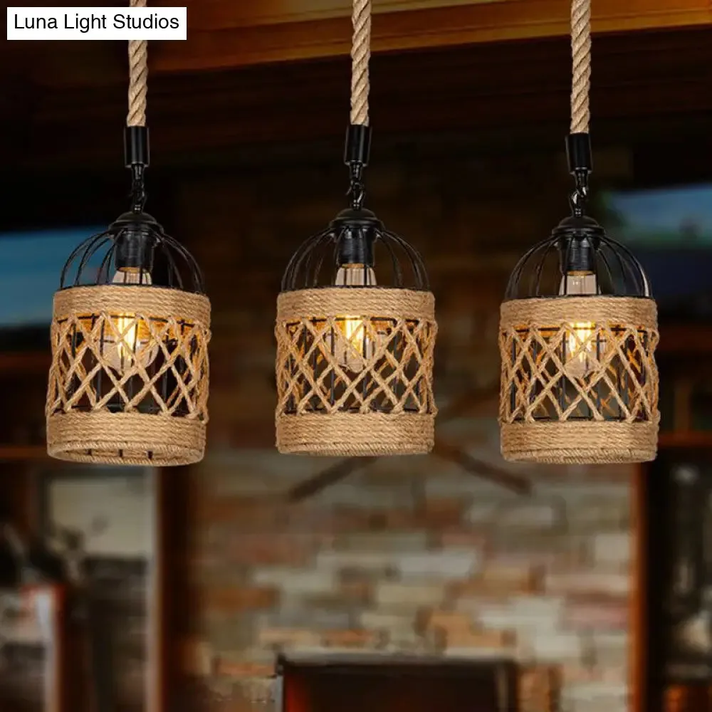 Lodge Birdcage Pendant Light Kit – Criss-Cross Woven Rope, Brown – 3/6 Heads Cluster – Round/Linear Canopy