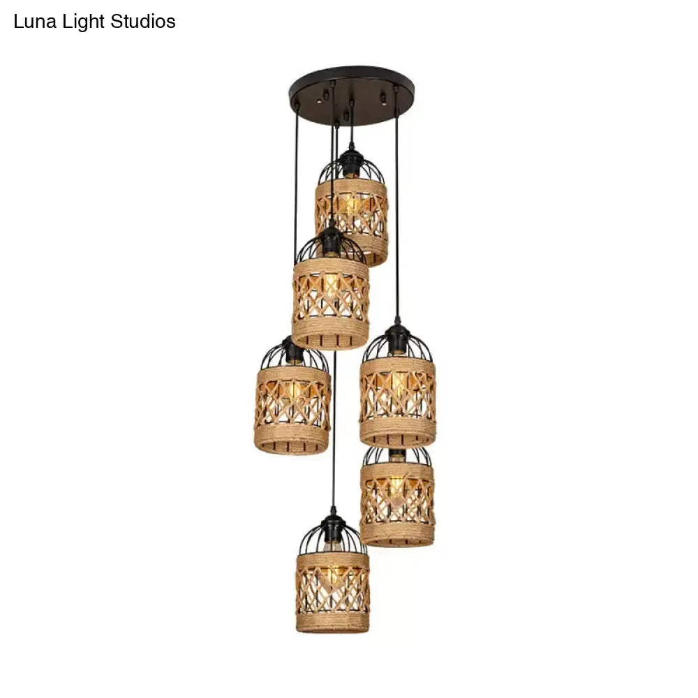 Lodge Birdcage Pendant Light Kit – Criss-Cross Woven Rope, Brown – 3/6 Heads Cluster – Round/Linear Canopy