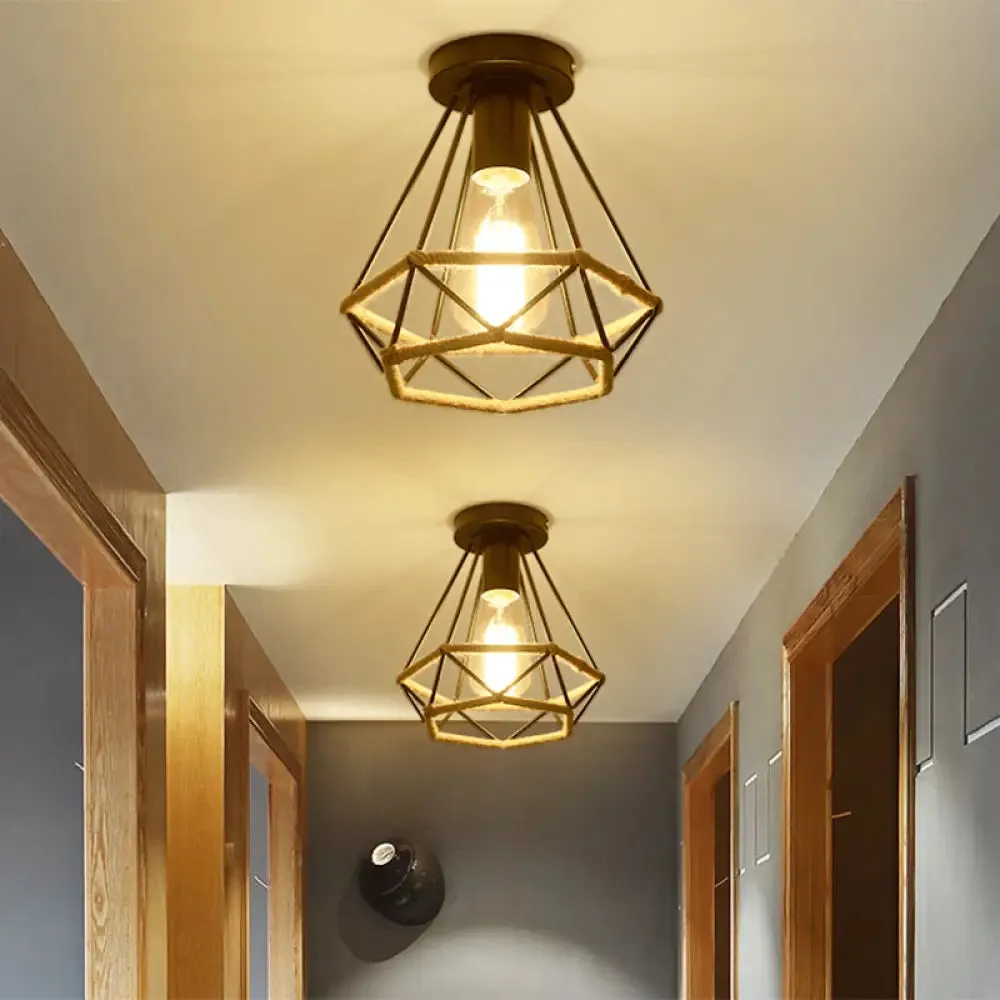 Lodge Style Metal and Rope Semi Flush Mount Ceiling Light with Black Finish - Ideal for Hallway