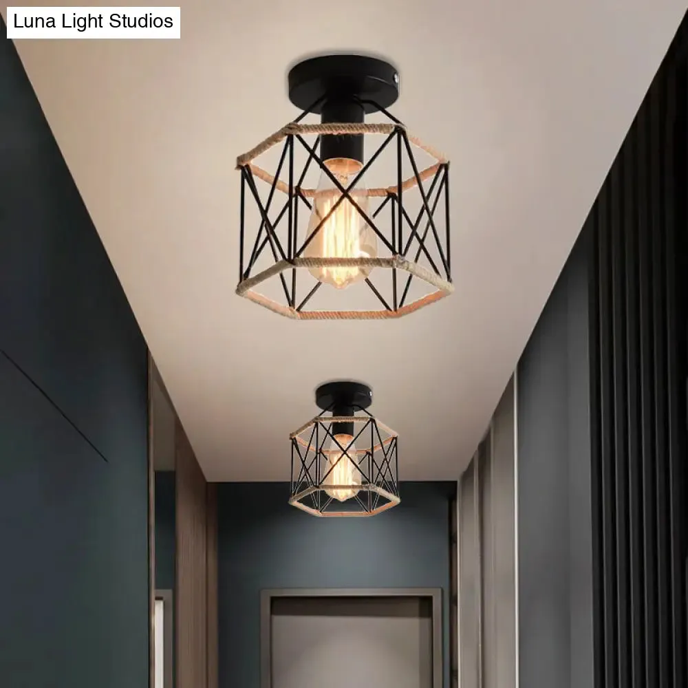 Lodge Style Metal and Rope Semi Flush Mount Ceiling Light with Black Finish - Ideal for Hallway