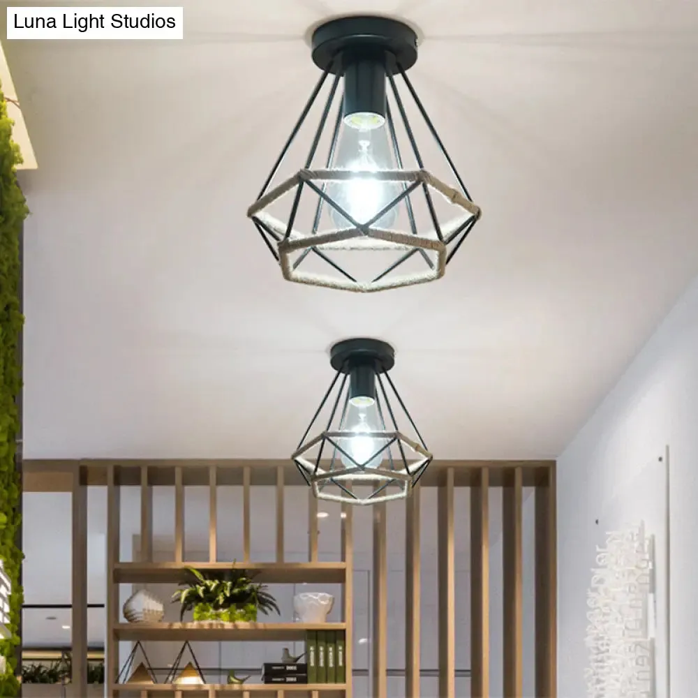 Lodge Style Metal and Rope Semi Flush Mount Ceiling Light with Black Finish - Ideal for Hallway