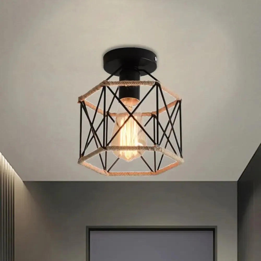 Lodge Style Metal and Rope Semi Flush Mount Ceiling Light with Black Finish - Ideal for Hallway