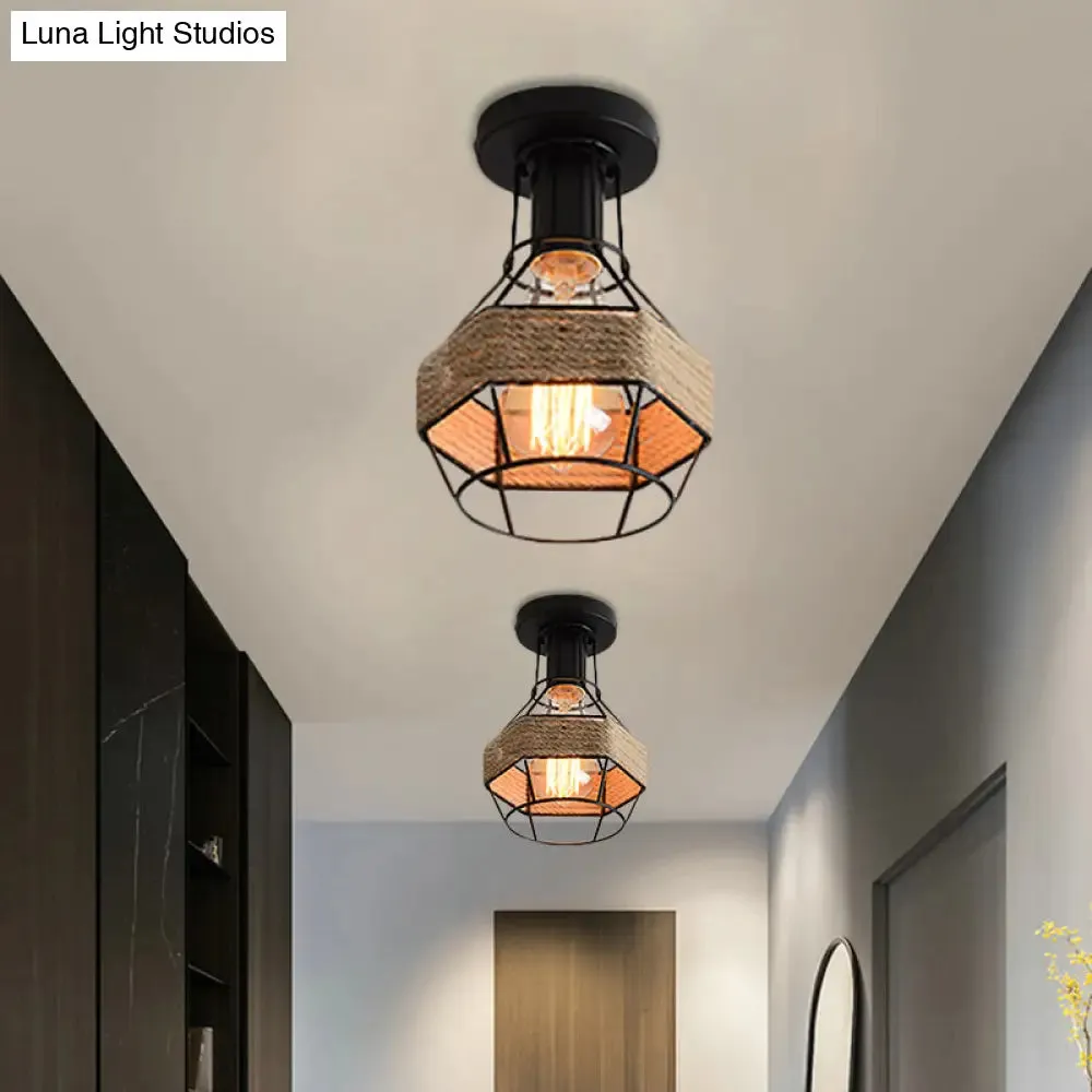 Lodge Style Metal and Rope Semi Flush Mount Ceiling Light with Black Finish - Ideal for Hallway