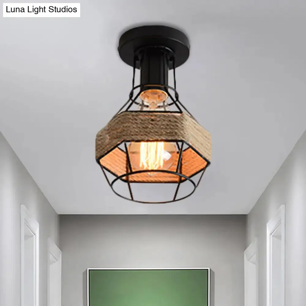 Lodge Style Metal and Rope Semi Flush Mount Ceiling Light with Black Finish - Ideal for Hallway