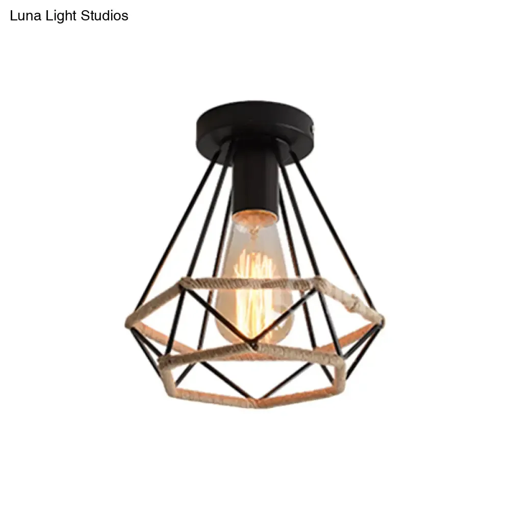 Lodge Style Metal and Rope Semi Flush Mount Ceiling Light with Black Finish - Ideal for Hallway