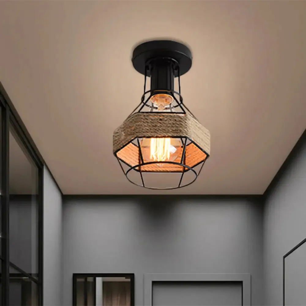 Lodge Style Metal and Rope Semi Flush Mount Ceiling Light with Black Finish - Ideal for Hallway