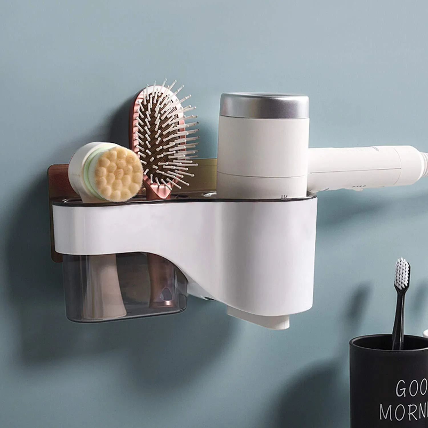 Magic Sticker Series Self Adhesive Bathroom Hair Dryer Rack with Storage