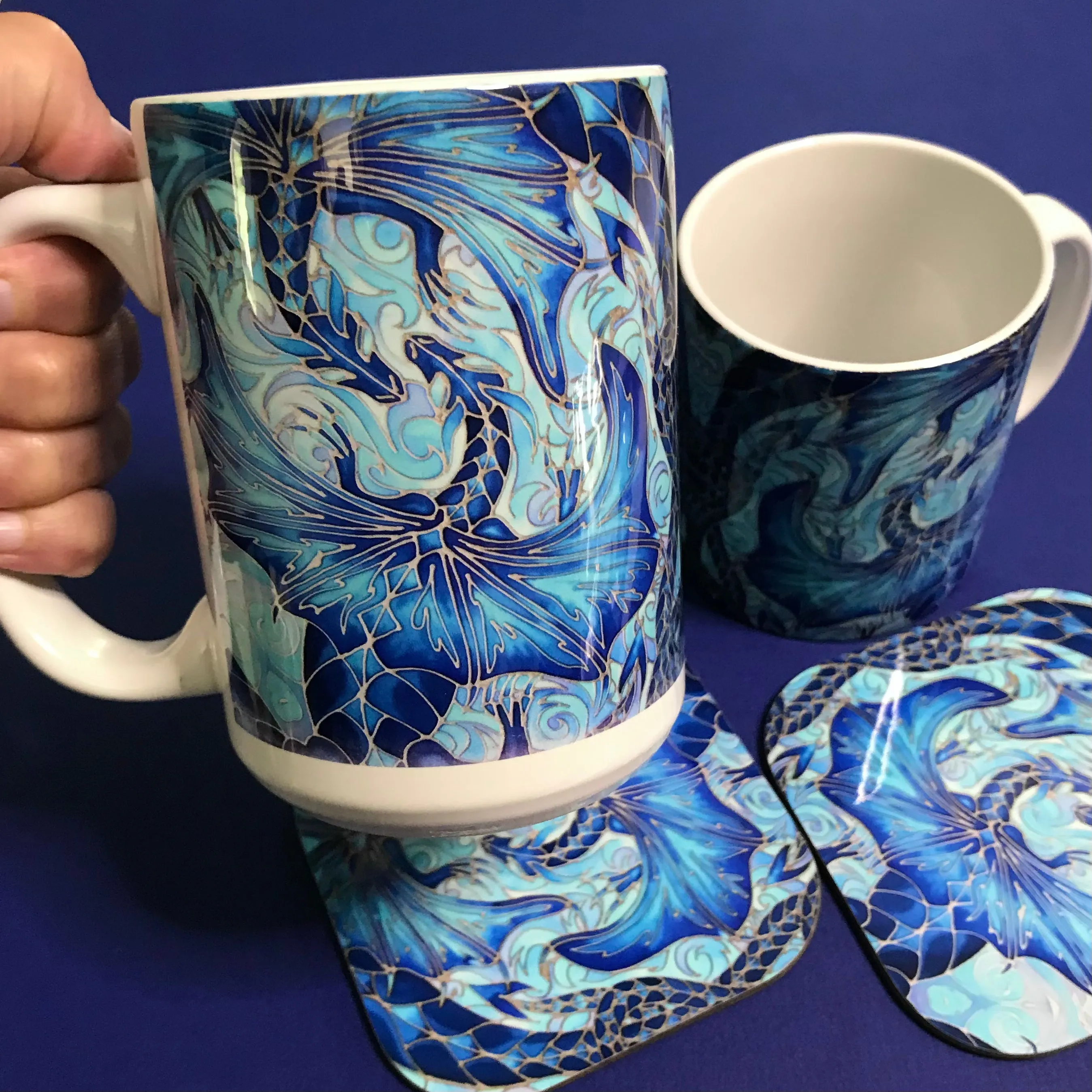 Magical Blue Dragons Mug and Coaster - XL & Regular Sizes Dragon Lovers Mug Gift Box Set -