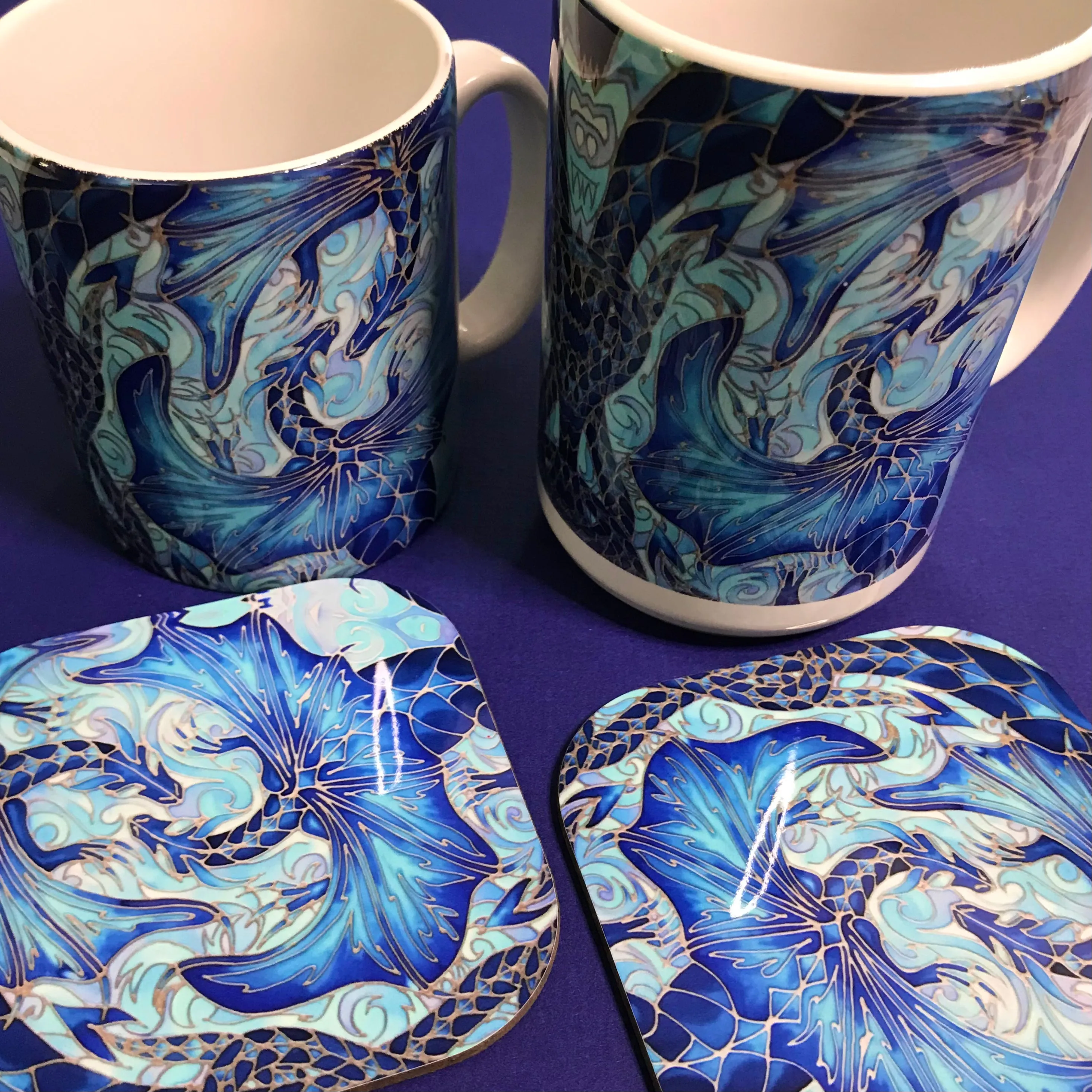 Magical Blue Dragons Mug and Coaster - XL & Regular Sizes Dragon Lovers Mug Gift Box Set -