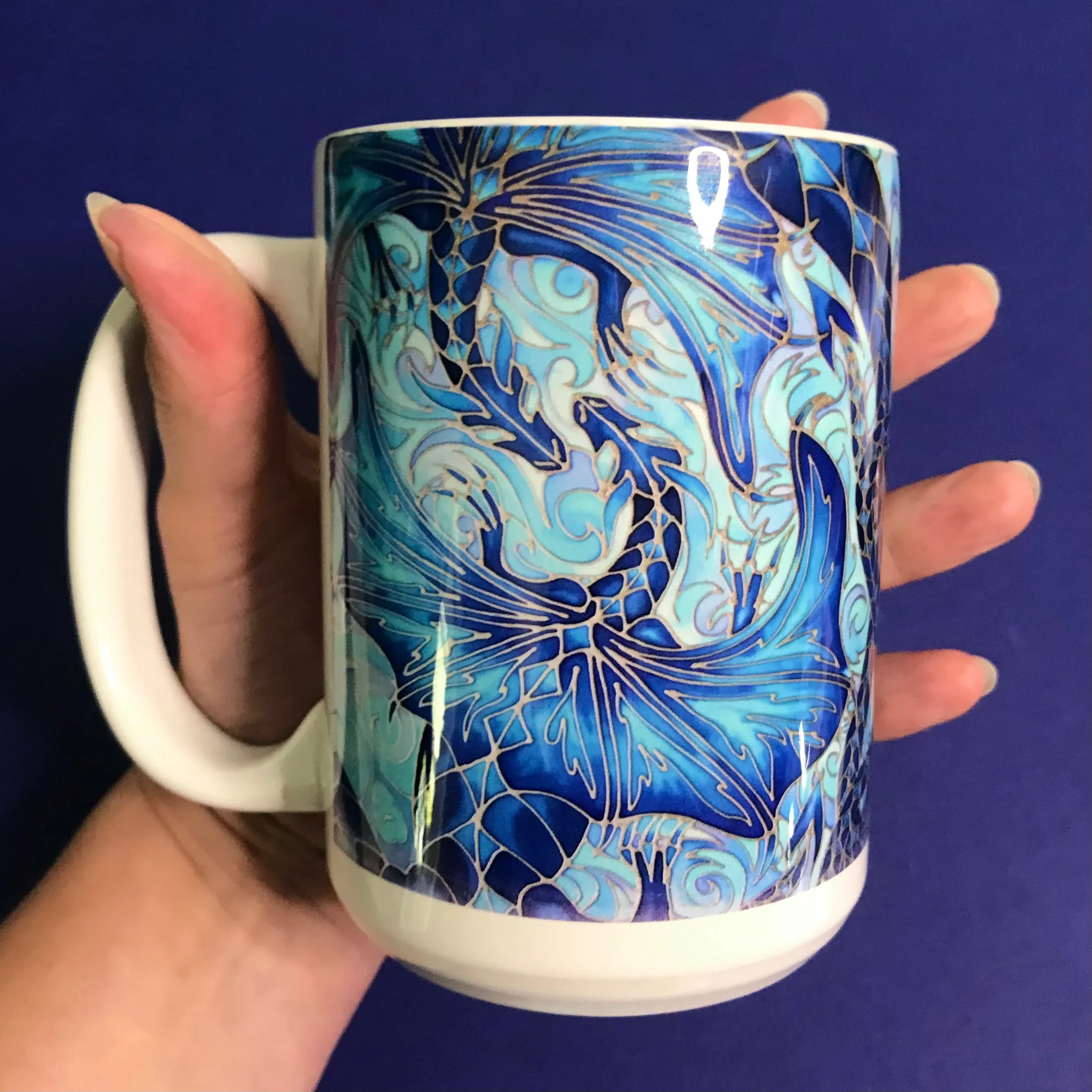 Magical Blue Dragons Mug and Coaster - XL & Regular Sizes Dragon Lovers Mug Gift Box Set -