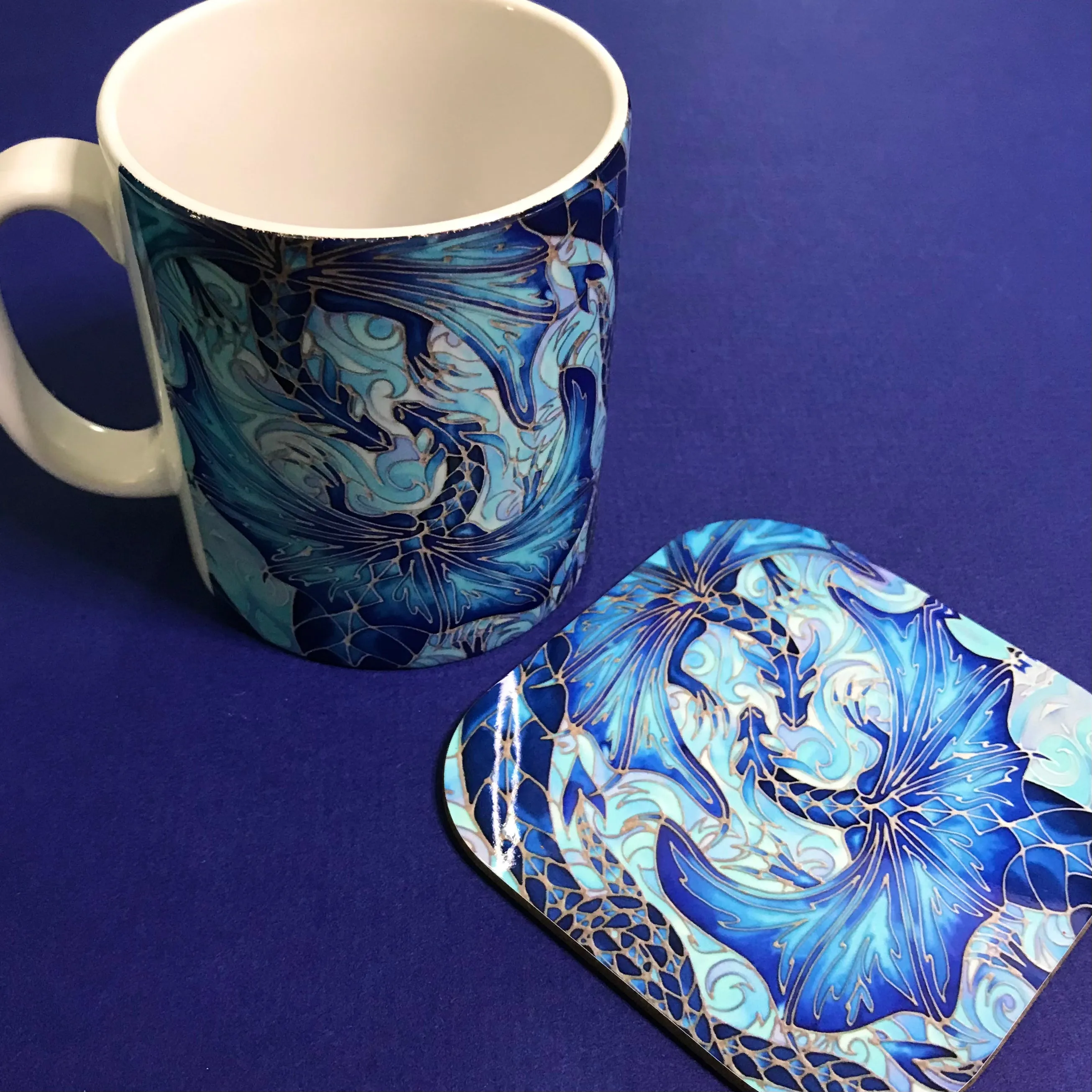 Magical Blue Dragons Mug and Coaster - XL & Regular Sizes Dragon Lovers Mug Gift Box Set -