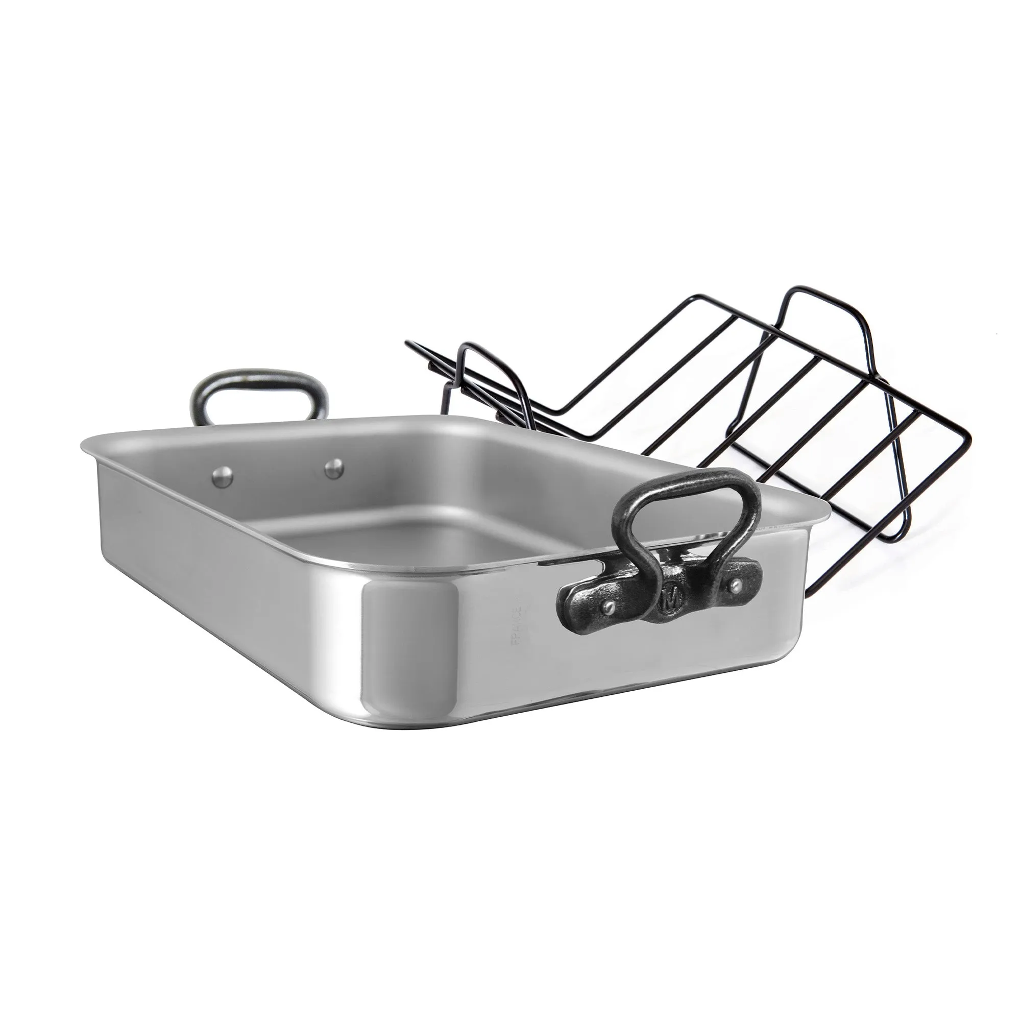 Mauviel Stainless Steel Roasting Pan With Rack and Cast Iron Handles, 15.7 x 11.8-In