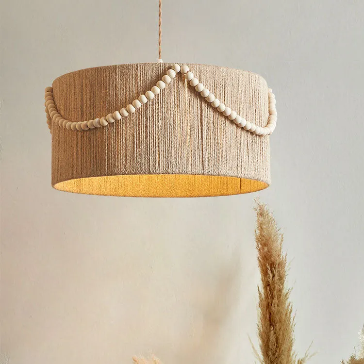 Modern Creative Hemp Rope Wooden Bead Cylinder 1-Light Pendant Light