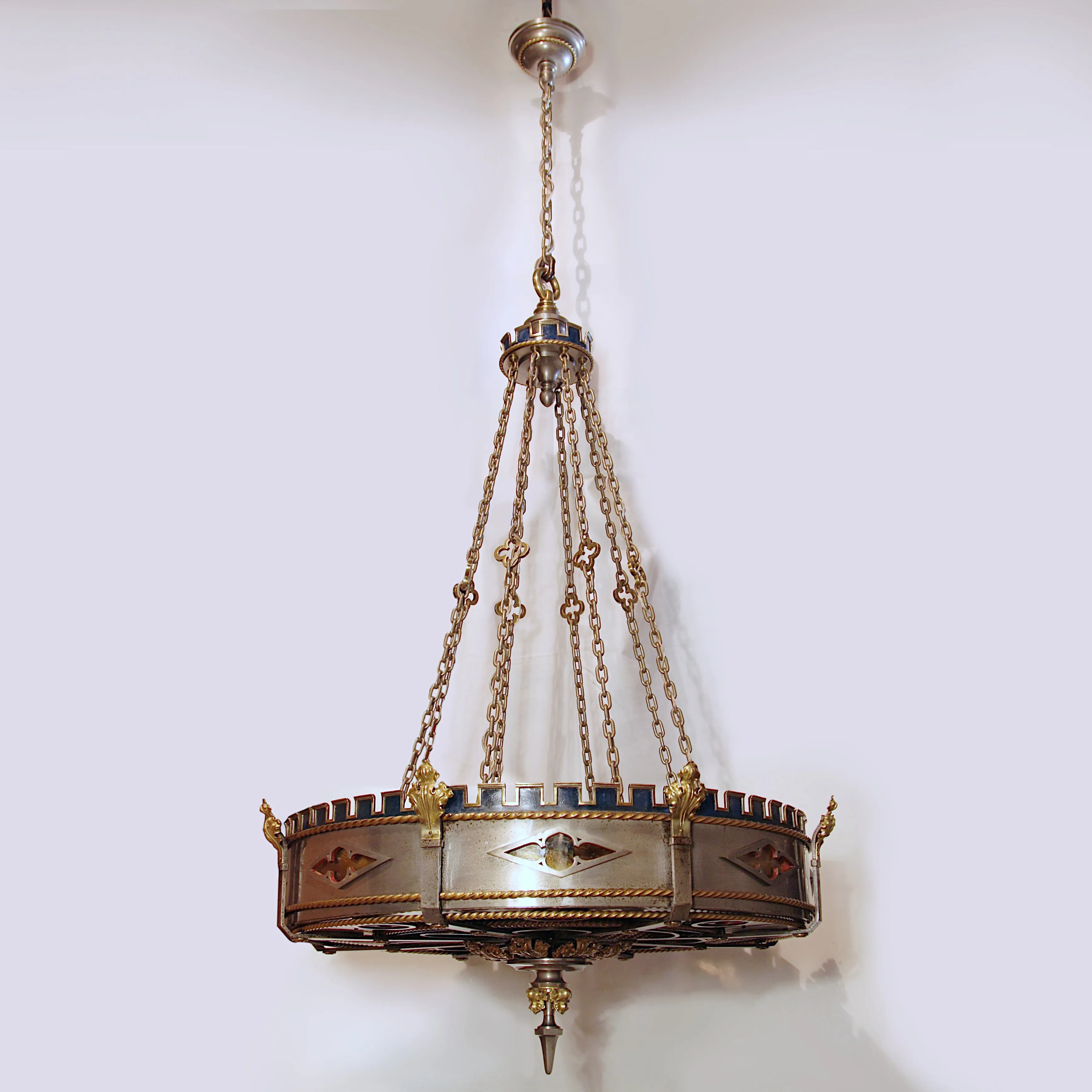 Monumental 50" Dia. Gothic Medieval Renaissance Revival Brass & Steel Chandelier