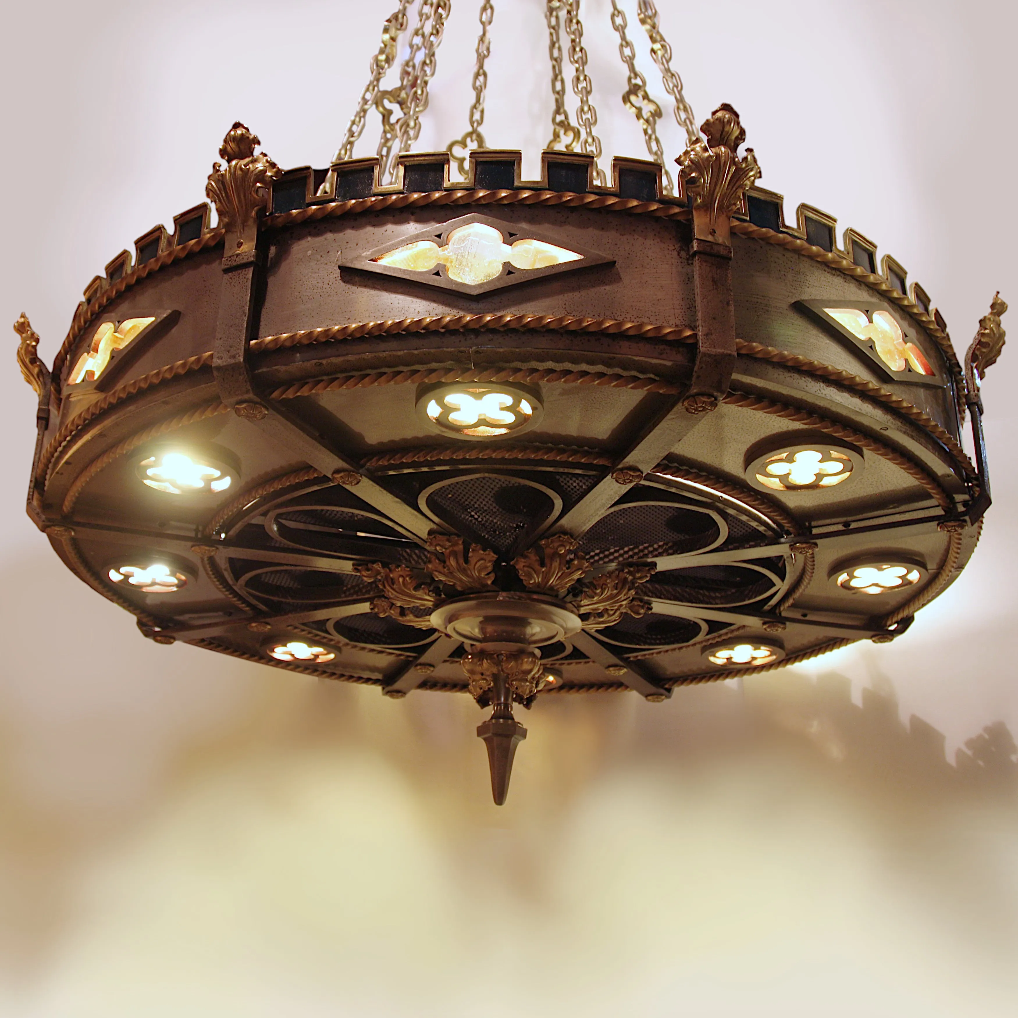 Monumental 50" Dia. Gothic Medieval Renaissance Revival Brass & Steel Chandelier