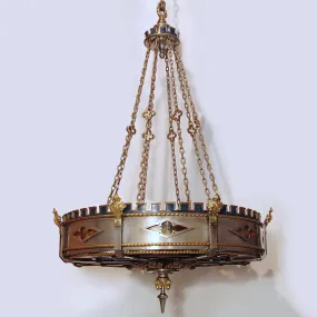 Monumental 50" Dia. Gothic Medieval Renaissance Revival Brass & Steel Chandelier