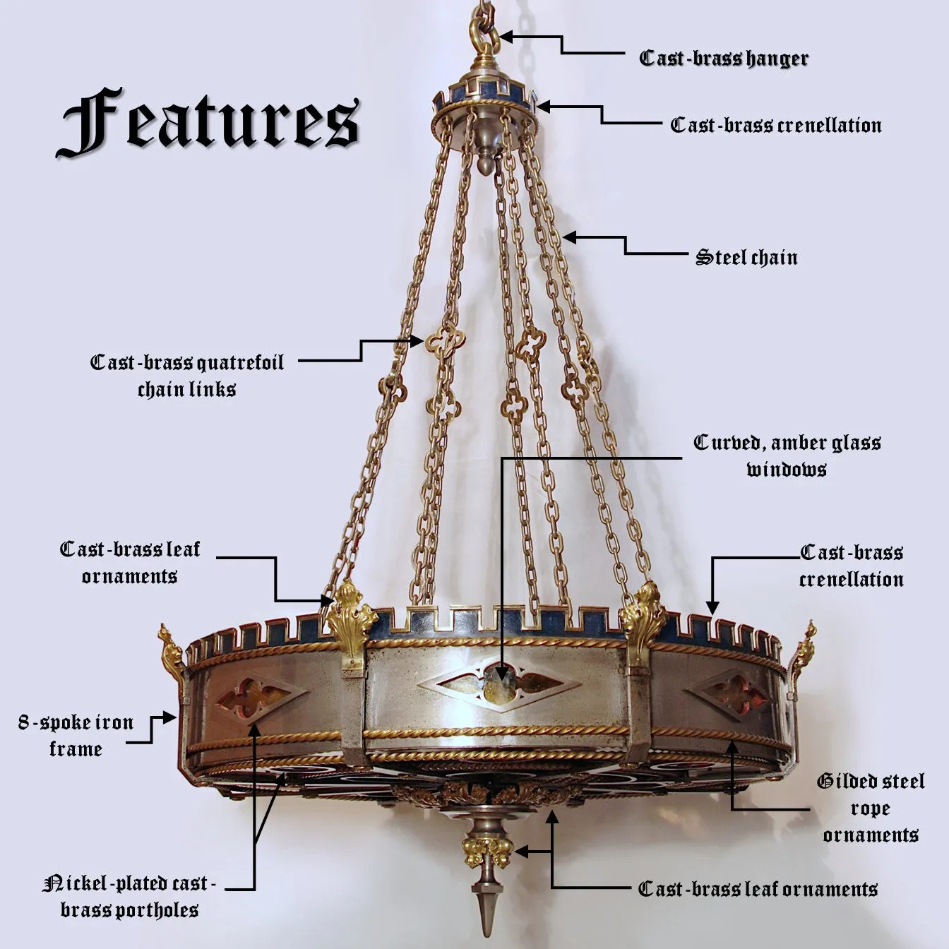 Monumental 50" Dia. Gothic Medieval Renaissance Revival Brass & Steel Chandelier