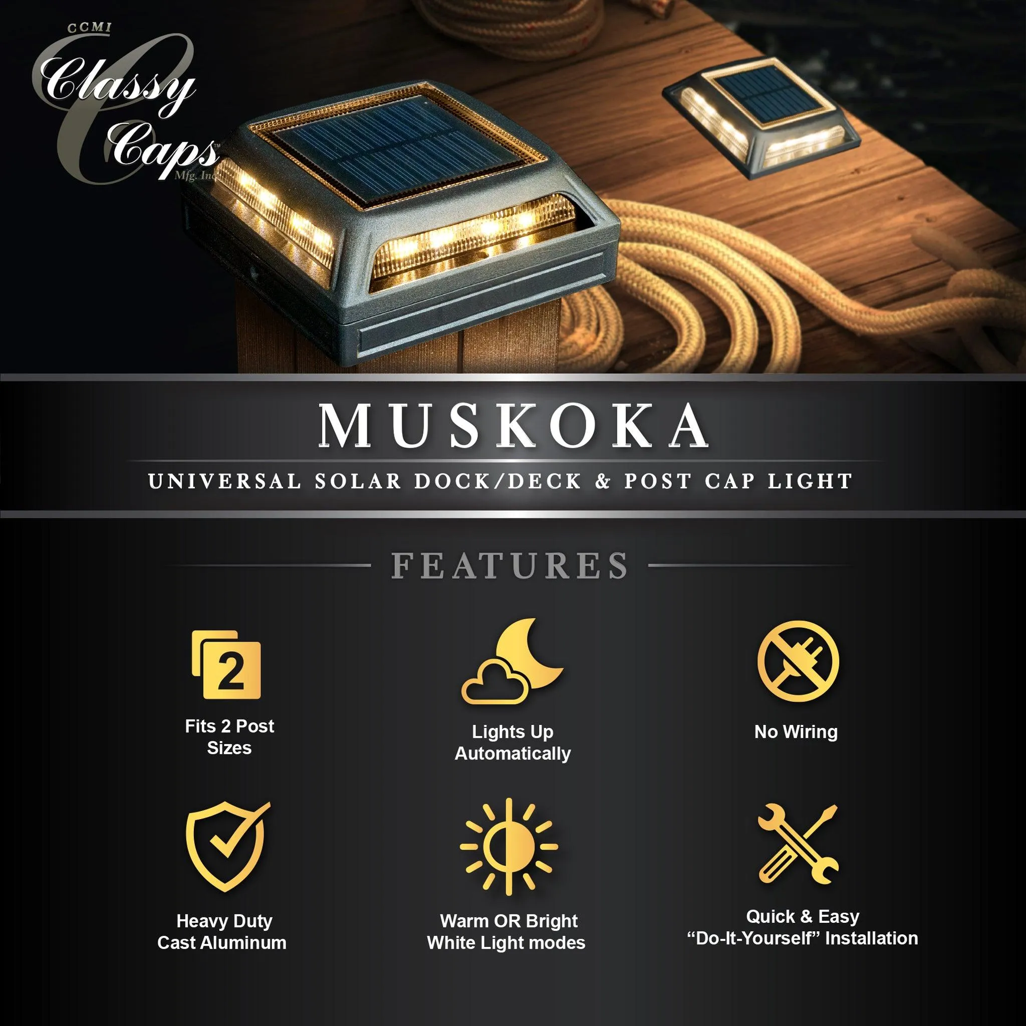 Muskoka Universal Solar Dock/Deck & Post Cap Light - Black