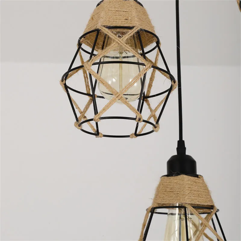 Nostalgic Industrial Iron Diamond Shape Hemp Rope Weaving 1/3-Light Island Light Chandelier