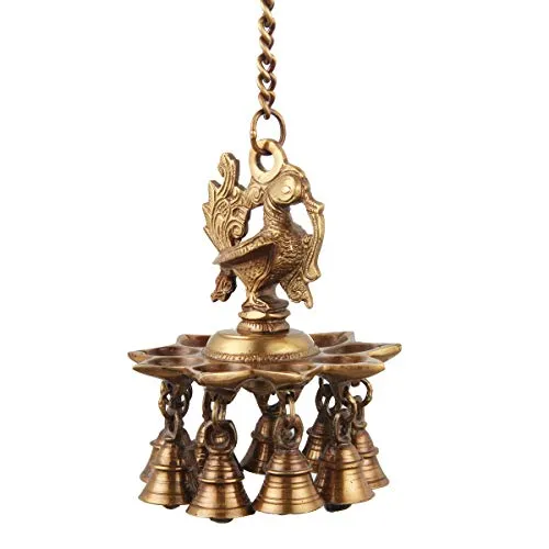 ONVAY Brass Peacock Design Hanging Diya with Bells (Brown_4 Inch X 4 Inch X 14 Inch)