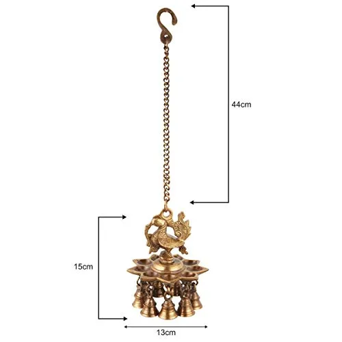 ONVAY Brass Peacock Design Hanging Diya with Bells (Brown_4 Inch X 4 Inch X 14 Inch)