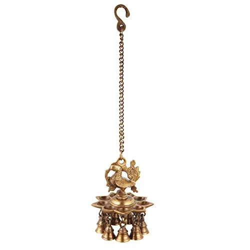 ONVAY Brass Peacock Design Hanging Diya with Bells (Brown_4 Inch X 4 Inch X 14 Inch)