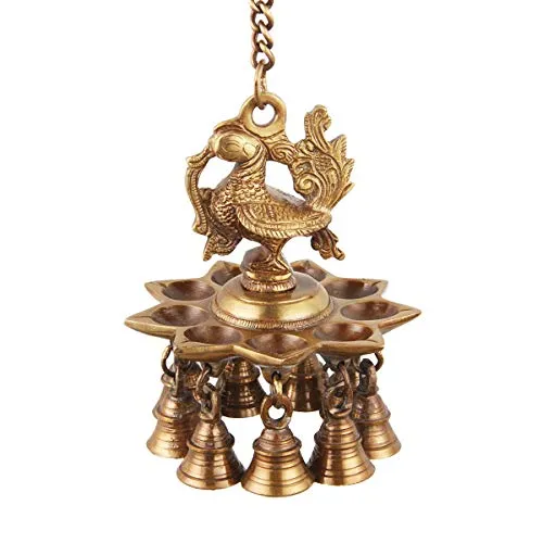 ONVAY Brass Peacock Design Hanging Diya with Bells (Brown_4 Inch X 4 Inch X 14 Inch)