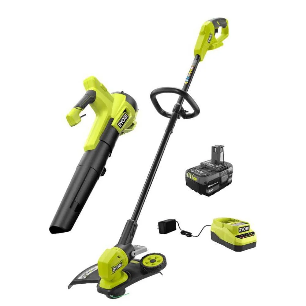 Open Box - RYOBI ONE  18V Cordless Battery String Trimmer/Edger and Jet Fan Blower Combo Kit (2-Tools) with 4.0 Ah Battery and Charger