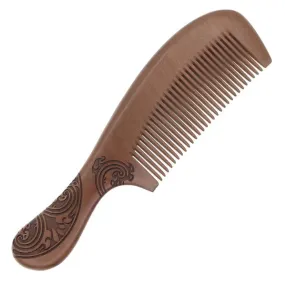 Peachwood Seamless Hair Comb with Carved Engraved Oriental Pattern Handle