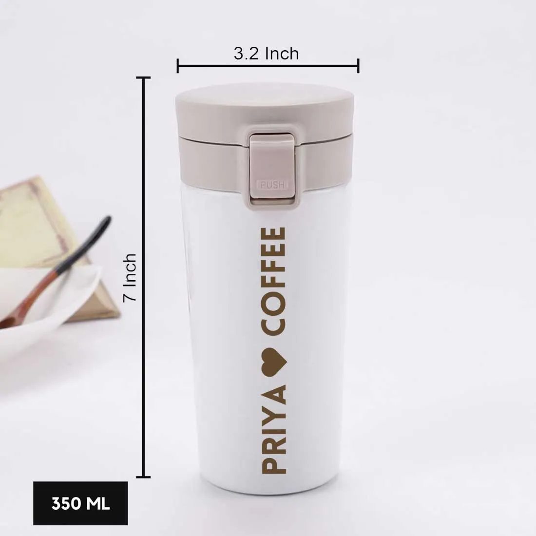 Personalised Coffee Cup with Lid Engraved Custom Travel Mug Vacuum Flask (380 ML) - Heart