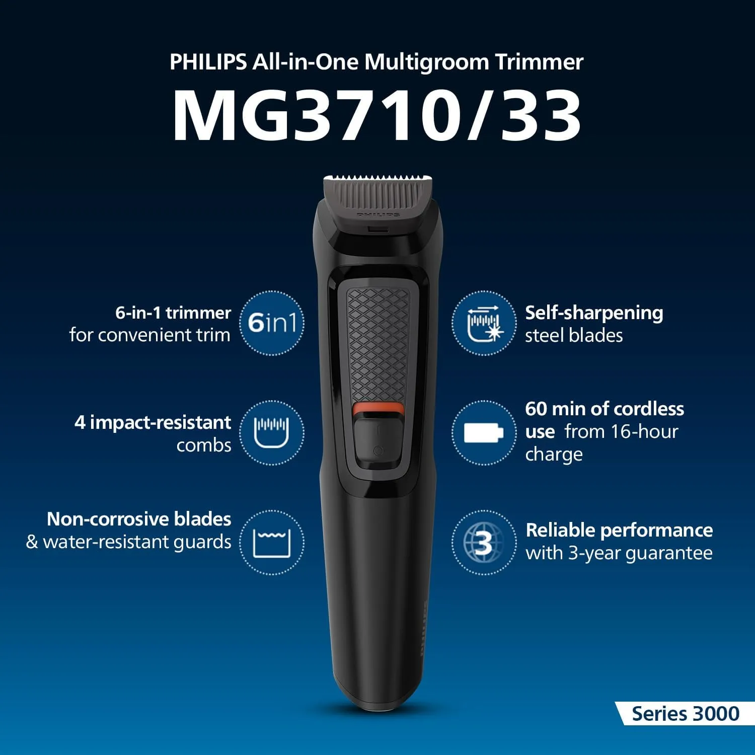 Philips MULTIGROOM Series 3000 MG3710/33 Rechargeable Black hair trimmers/clipper – Razor (Black, Rectangle, Beard, Ear, Eyebrow, Nose, Stainless Steel, 60 min, Integrated)