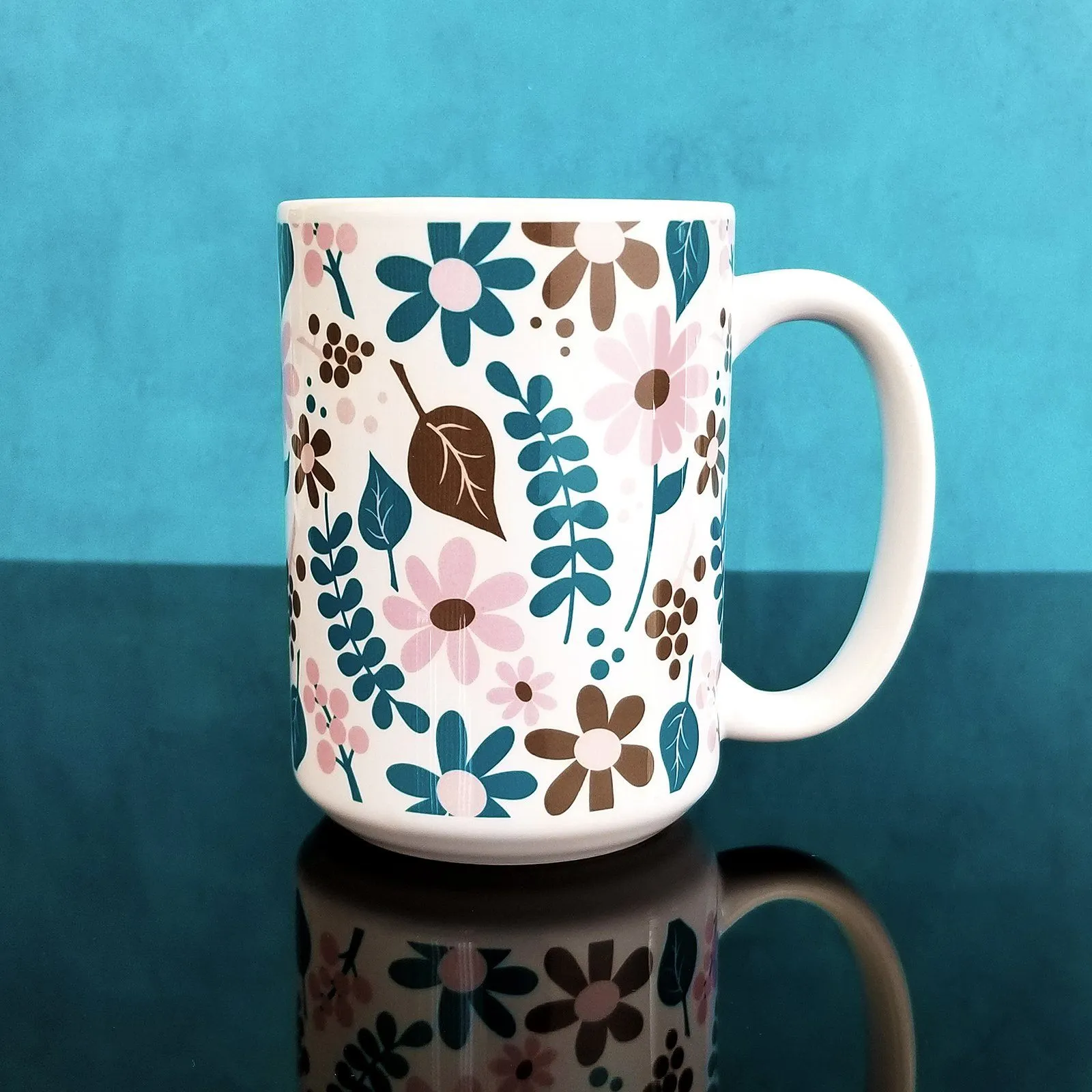 Pink Turquoise Brown Floral Pattern Mug