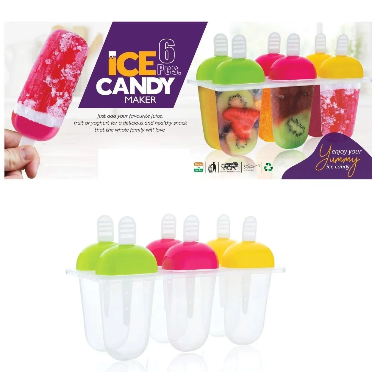 Plastic Reusable Popsicle Molds Ice Pop Makers Ice Pop Molds Kulfi Maker Mould, Candy Maker, Kids Ice Cream Maker (Set of 6)