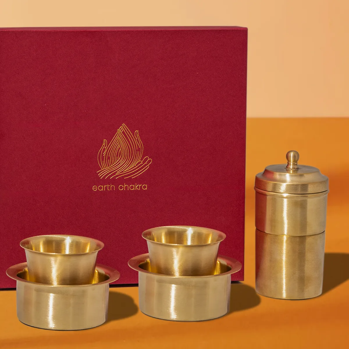 Pure Brass Filter Coffee & Dabara Set | Gold | Set of 3 | Gift Box