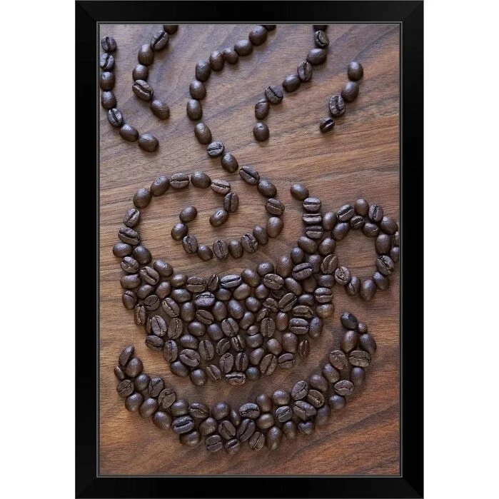 "A cup of coffee illustrated using coffee beans" Black Framed Print