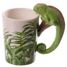 Rainforest Decal Chameleon Ceramic Mug Jungle Explorer 3D Chameleon Shaped Handle Animal Coffee Mug Gifts