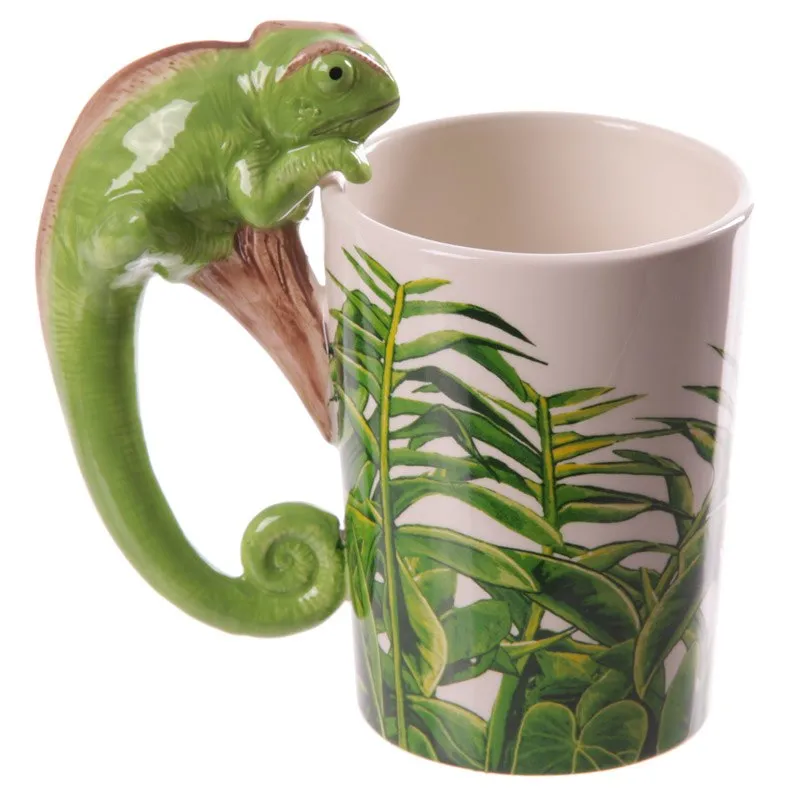 Rainforest Decal Chameleon Ceramic Mug Jungle Explorer 3D Chameleon Shaped Handle Animal Coffee Mug Gifts