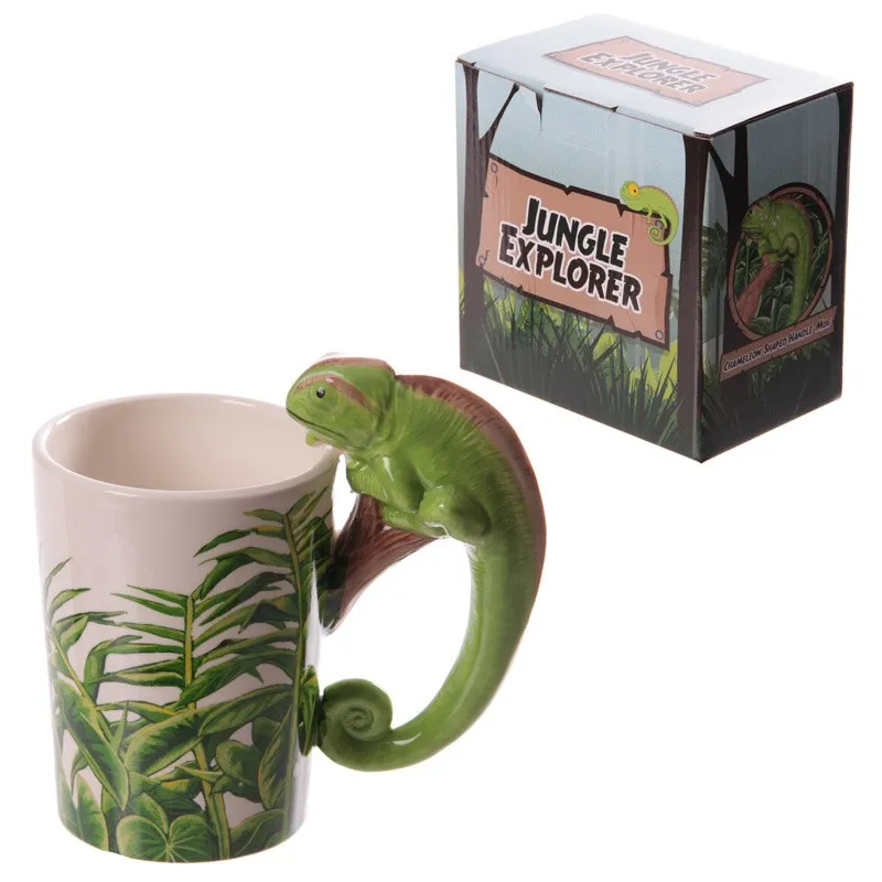 Rainforest Decal Chameleon Ceramic Mug Jungle Explorer 3D Chameleon Shaped Handle Animal Coffee Mug Gifts