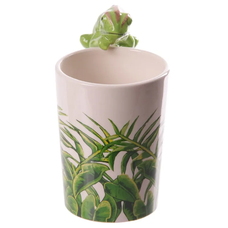 Rainforest Decal Chameleon Ceramic Mug Jungle Explorer 3D Chameleon Shaped Handle Animal Coffee Mug Gifts