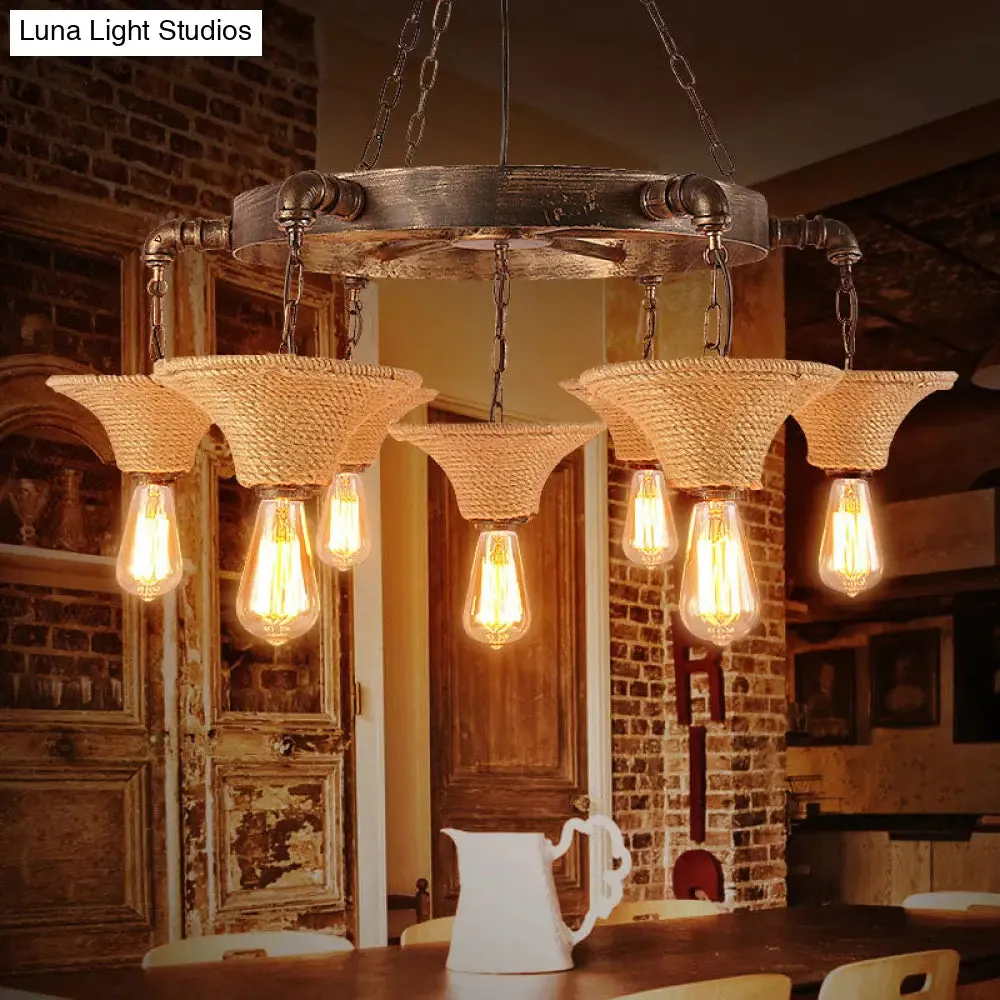 Retro Industrial Pendant Ceiling Fixture with Open Bulb, Rope, and Chain - Brown