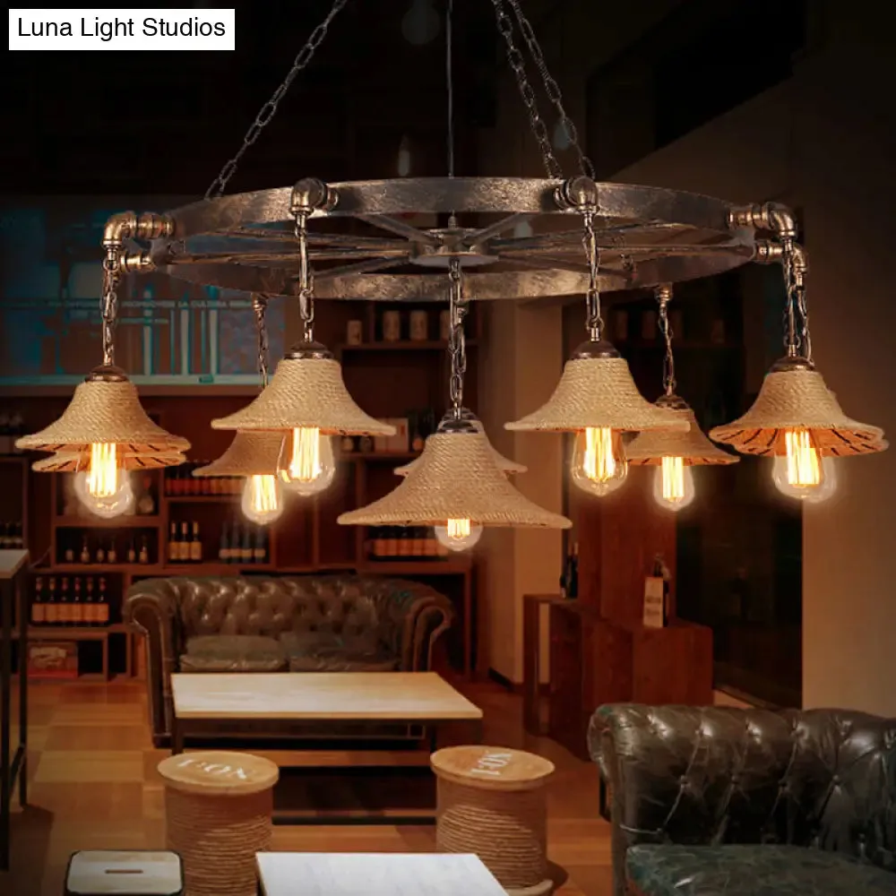 Retro Industrial Pendant Ceiling Fixture with Open Bulb, Rope, and Chain - Brown