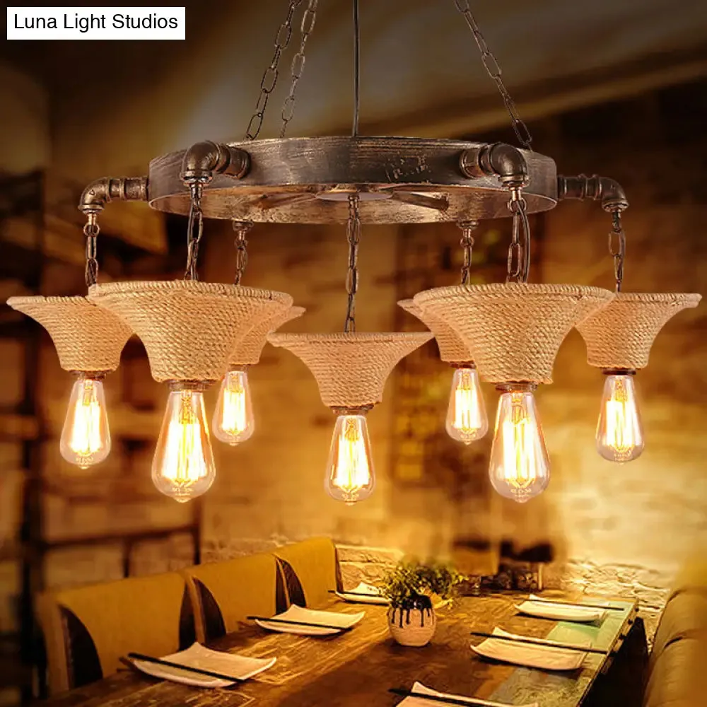 Retro Industrial Pendant Ceiling Fixture with Open Bulb, Rope, and Chain - Brown